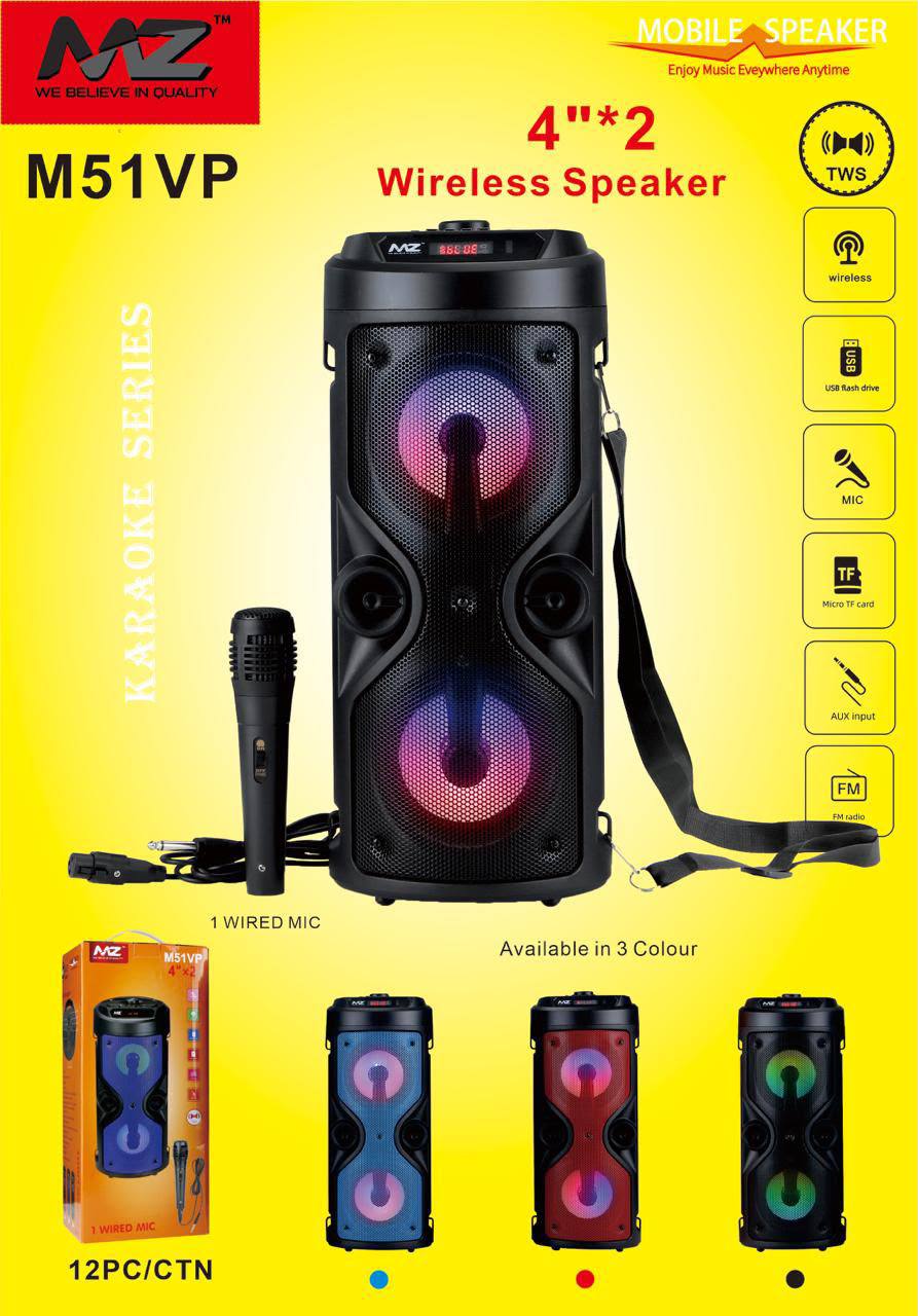 MZ M51VP Wireless Karaoke Speaker (4" × 2) with Wired Microphone